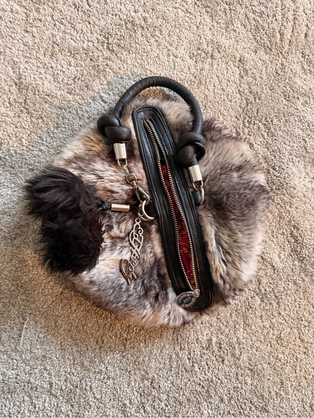 Ed Hardy Faux Fur Handbag Y2K Black Gray Pom Pom Purse